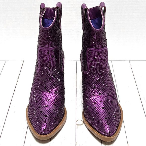 New Women Purple Rhinestone Blingy Cowboy Western Ankle Boots Booties - Picture 5 of 6